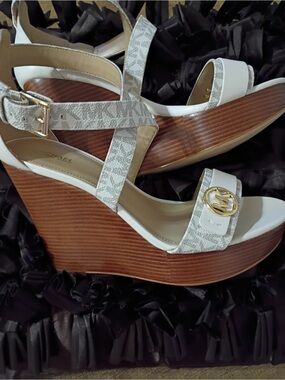 Michael Kors White and Light Gray Logo Strap Wedge Sandals with Gold MK Accent